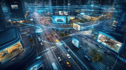 Conceptual image of modern city with cars and skyscrapers and blue lines created with Generative AI