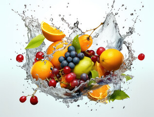 Variety of Fruits falling into the water with splashing on a white background