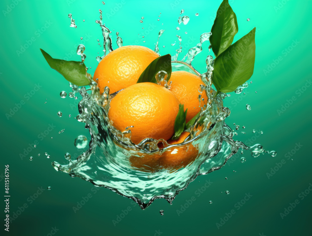 Wall mural oranges fruit falling into the water with splashing