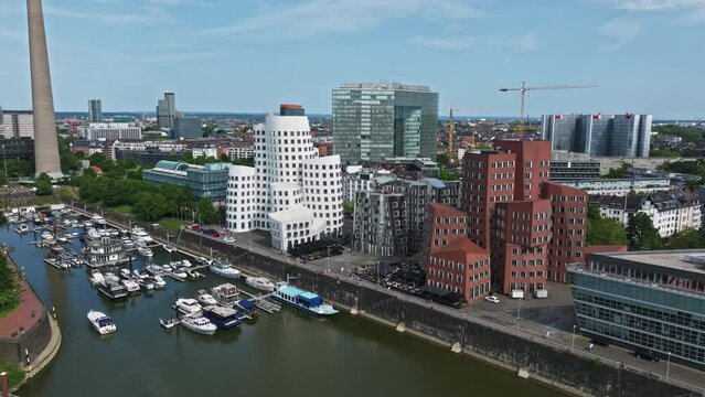 Drone shot of Modern architecture buildings , Düsseldorf-Unterbilk , located on the river Rhine and the location of the city's docks . Dusseldorf , Germany .