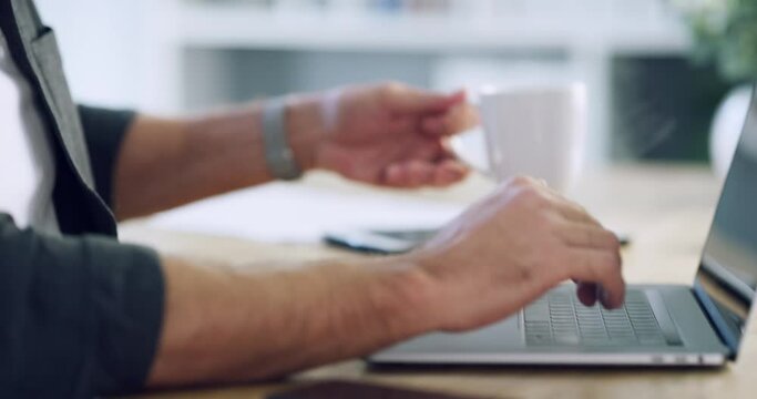 Hands, keyboard and business man with laptop in office typing, planning and research while drinking coffee. Busy, fingers and male designer online for internet, search and creative design inspiration