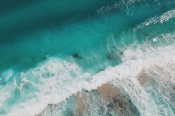 Obraz na płótnie Canvas Drone shot of turquoise sea and rolling waves on a sunny day. Scenic view of slow motion ocean waves. Generative AI