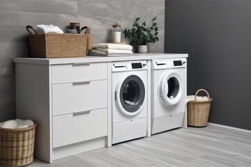 Modern appliances for effortless laundry experience, featuring a washer and dryer set in a sleek white and brown laundry room. AI Generative technology at work.