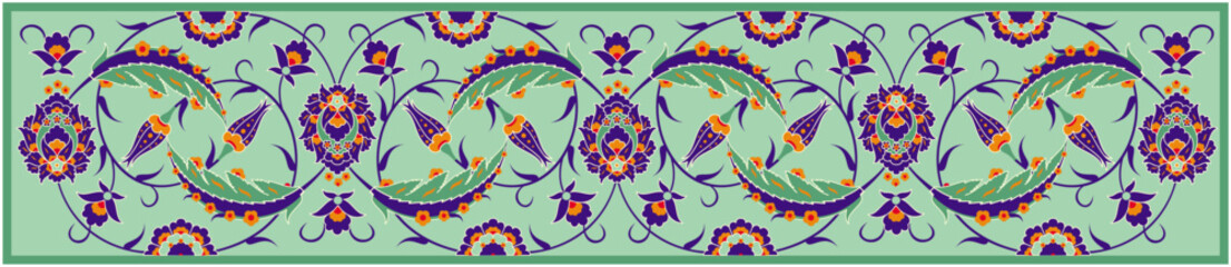 Vector illustration of traditional turkish tezhip floral ornament with nice green dominant color, calligraphy, islamic decoration