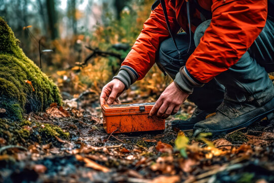 Person finding a geocache box hidden in the woods. Generative AI