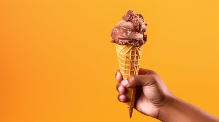 Delicious Chocolate Ice Cream. Copy space. Banner. Orange background. Generative AI