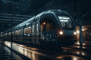 Naklejka na ściany i meble Modern train in city with blue lights. Generative AI