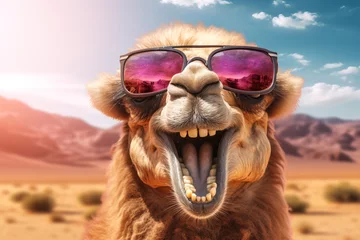 Foto op Plexiglas A happy laughing camel looking into the camera in front of a sahara desert landscape, created with generative ai © Annabell Gsödl