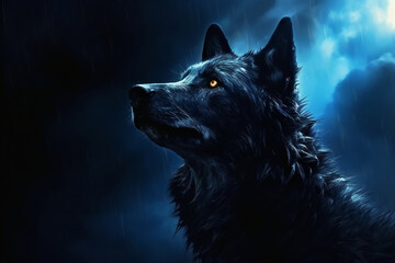 A black Wolf, very domineering in the moonlight. AI generative