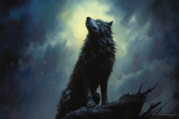 A black Wolf, very domineering in the moonlight. AI generative