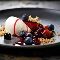 Naklejka na ściany i meble Delicious dessert with ice cream and berries on a black plate.