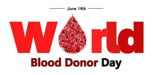 World blood donor day, June 14th. Healthcare and medical. Concept donate blood save life. Large group of people in form blood drop. Flat vector illustration isolated on white background.