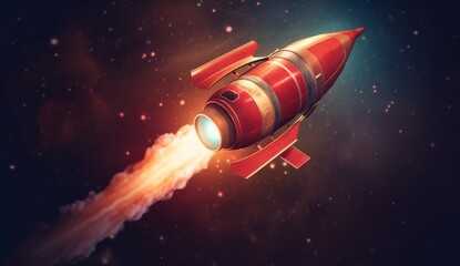 A Retro Vintage Style Rocketship Blasting Off through Space, Space Ship Exploration Concept, Graphic Style, generative AI
