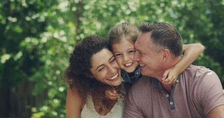 Family, park and parents hug child for bonding, quality time and relaxing outdoors together in nature. Fun, love and mother, father and girl embrace for care, support and happiness on summer holiday - Powered by Adobe
