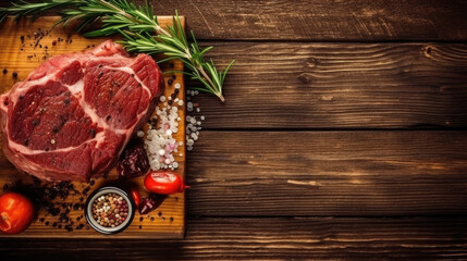 Grilled ribeye beef steak with rosemary on. a wooden background with copy space