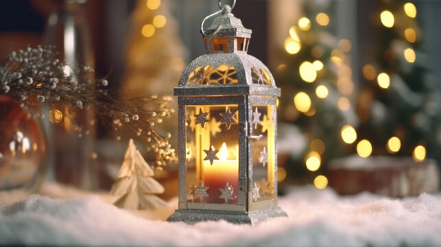 Snow-kissed elegance: A snow-covered table provides a serene setting for a Christmas lantern embellished with a lush fir branch and decorative details. Generative AI