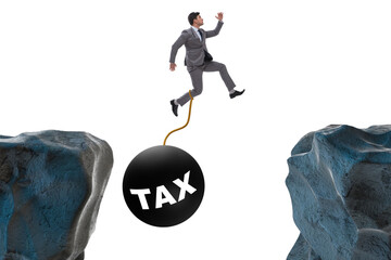 Concept of tax burden with businessman over chasm - obrazy, fototapety, plakaty