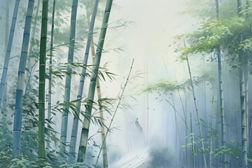 Bamboo forest, misty and serene. AI generative