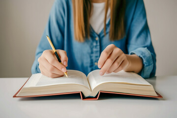 Uma pessoa sentada em uma mesa de escritório, com um livro aberto e uma caneta na mão. A pessoa está focada em seu estudo e o ambiente é limpo e organizado