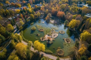 Fototapeta na wymiar Autumn city aerial view of Kharkiv Zoo lake surrounded by greenery and walking paths. Recreation area in Ukraine. Generative AI