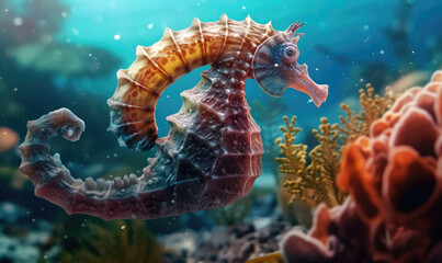 Fototapeta na wymiar seahorse (Hippocampus) swimming in the deep ocean