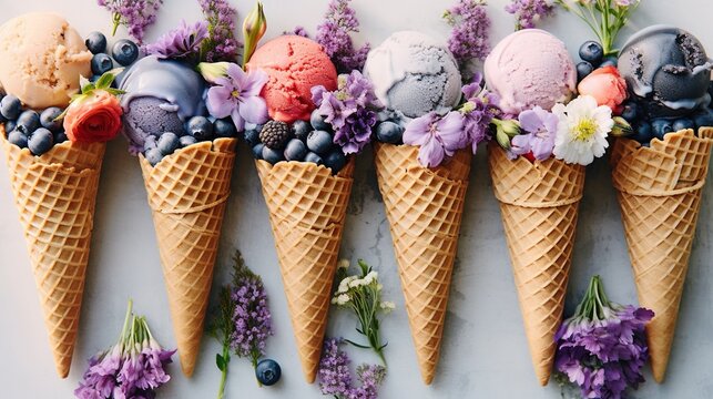 Ice Cream located inside lot of Decorations like Flowers and other Fruits like Berries, Colorful, Commercial Photography, Photo Idea. Generative AI.