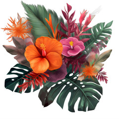 A bouquet of flowers with tropical leaves on a transparent background png isolated Generative Ai