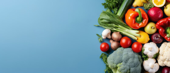 Frame of organic food. Fresh raw vegetables on pastel background