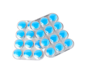 Blisters with light blue cough drops isolated on white, above view