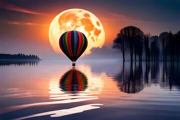A dreamy scene of a  air balloon floating against a night sky filled with a bright, glowing moon