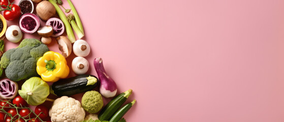 Obraz na płótnie Canvas Frame of organic food. Fresh raw vegetables on pastel background