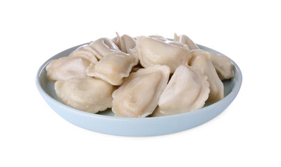 Plate with tasty dumplings (varenyky) on white background