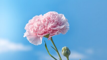 Pink and white carnations against a blue sky. Generative AI.