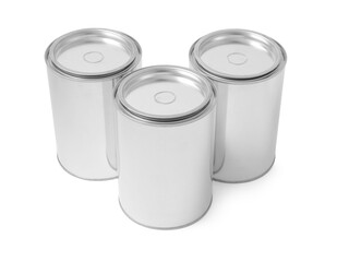 Many cans of paints on white background