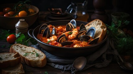 Fototapeta na wymiar Spicy red cioppino soup with clam meat on a black plate and blur background