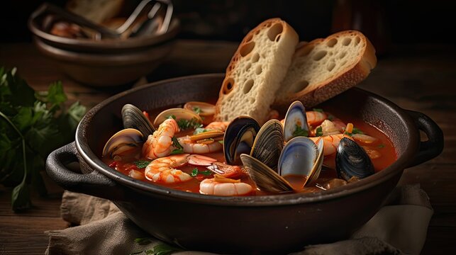 Spicy red cioppino soup with clam meat on a black plate and blur background