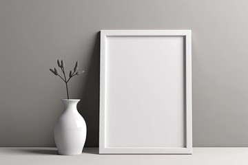 White picture frame mockup in portrait orientation on a hardwood table. contemporary ceramic vase white wall as a backdrop Scandinavian-style decor. Generative AI
