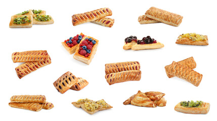 Collage with tasty puff pastries on white background