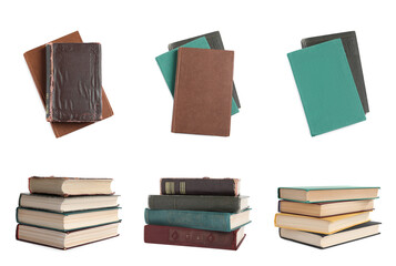 Collage with hardcover books on white background