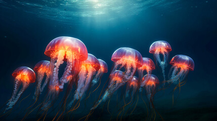 Fototapeta premium Glowing jellyfish floating in ocean water. Ethereal and peaceful sea life underwater