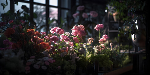 Beautiful photo in a flower shop garden closeup detail greenhouse Generative AI