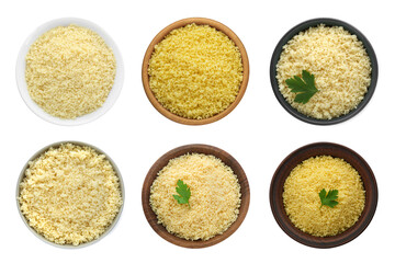 Delicious couscous in bowls on white background, top view. Collage design