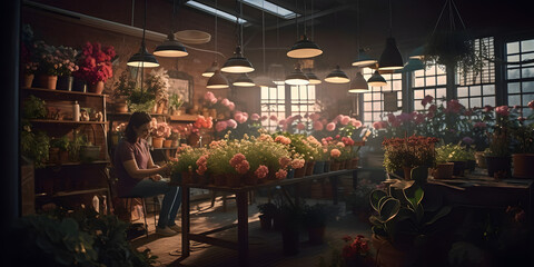 Beautiful flower shop garden flowers and plants greenhouse Generative AI