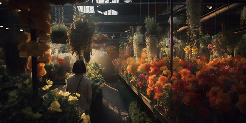 Beautiful flower shop garden flowers and plants greenhouse Generative AI