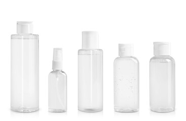 Set of cosmetic bottles with skin care products isolated on white
