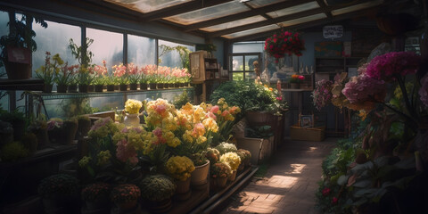 Beautiful flower shop garden flowers and plants greenhouse Generative AI