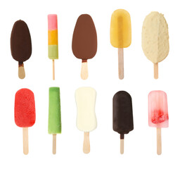 Set of different tasty ice creams on white background