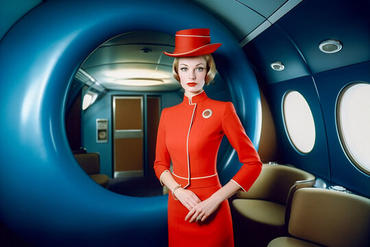 Female flight attendant or stewardess wearing classic red uniform in a retro style airplane. Vintage luxury in first class travel. 