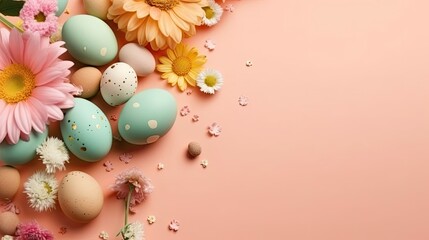 Obraz na płótnie Canvas Perfect Concept Design background for Happy Easter Day sale banner with colorful eggs and flowers