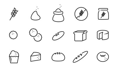 小麦、小麦粉製品を表したアイコンのセット/グルテン/パン/クッキー/バゲット/ケーキ/ドーナツ/イラスト/ベクター